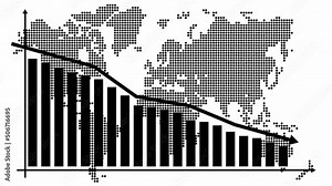 Animated black chart of financial decline with a trend line chart. Recession global economic. Economic crisis, recession, decrease graph. World map with bar chart. Profit down. Looped video. Vector il