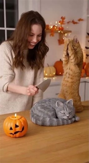 🐱Cutting the “cat” cake… kitty covers its eyes! 😱❤️🍰🐱🎃 #Shorts