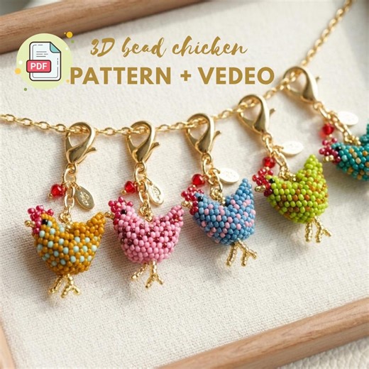 3D Beaded Chicken Pattern PDF   VIDEO • Seed Bead Tutorial | Peyote Stitch Animal Keychain DIY | Digital Beading Pattern
