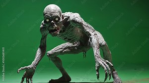 Terrifying undead zombie is crawling toward something on a green screen background, perfect for compositing into your next horror project