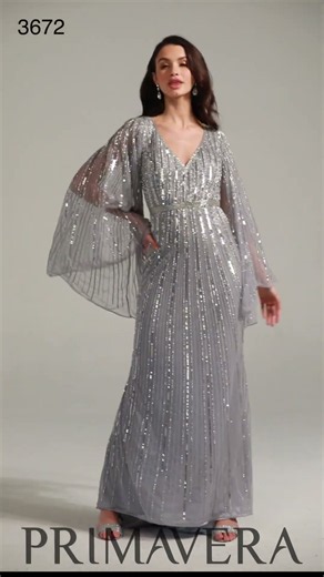 Primavera Couture - 3672 Sequined Long Bell Sleeve Sheath Dress