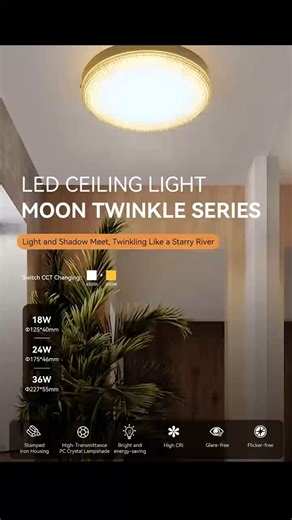 Looking for a reliable ceiling light that delivers unique aesthetics and functional excellence? The Moon Twinkle Series is designed to impress: * Unique Visuals: Features a High-Transmittance PC Crystal Lampshade where light and shadow meet, twinkling like a starry river. 🌟 * User Comfort: Easily Switch CCT between 6500K and 3000K. Experience lighting that is Glare-free and Flicker-free while maintaining a High CRI. * Durability & Efficiency: Built with Stamped Iron Housing and designed to be B