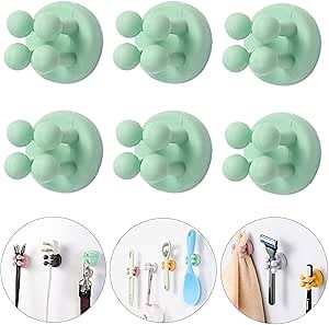 iBetterLife Adhesive Silicone Toothbrush Holder - 6Pcs Multi-Function Waterproof Wall Mounted Single Hook for Hanging Tooth Brushing, Utility Plug Holder for Bathroom Kitchen Living Room Office, Green