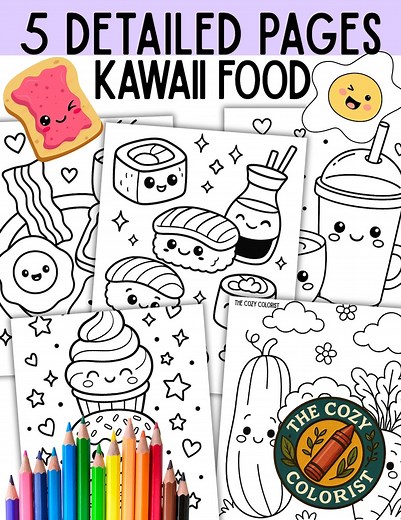 Kawaii Food Coloring Pages – 5 Printable Sheets | Cute Food With Faces | Digital PDF Coloring Book for Kids, Classrooms & Fun - Etsy