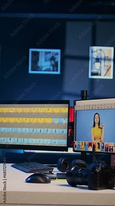 Vertical video Creative office desk with multi monitor computer setup used for image retouching, zoom in shot. Empty blue neon lit specialized post processing studio with editing software interface on