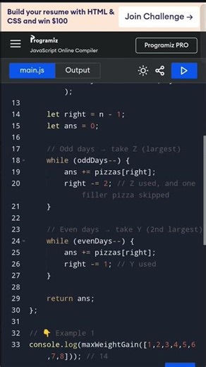 Maximum Weight Gain from Pizzas | Greedy Algorithm | JavaScript Solution | LeetCode Style