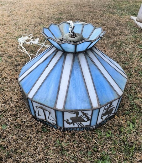 Vintage MCM Slag Glass Hanging Lamp Shade with Zodiac Signs: Blue White Stained Glass Pendant Lamp Light, RARE  20" wide