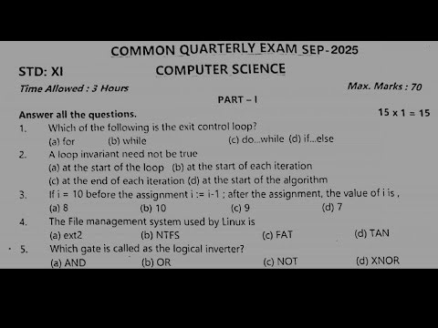 11th computer science Quarterly Exam original question paper 2025
