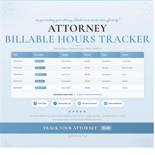 Lawyer Billable Hours Tracker Planner | Professional Spreadsheet Excel Google Sheets Template