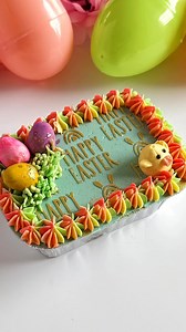 Mini Easter cake🐥 I used one scoop of batter in each container. Topped with buttercream & placed onto stencil and froze for 10min. Added another layer of luster dust/glitter on top of the stencil and immediately removed. #minicake #stencilart #eastercake #easterfun | Sophia Mya Cupcakes