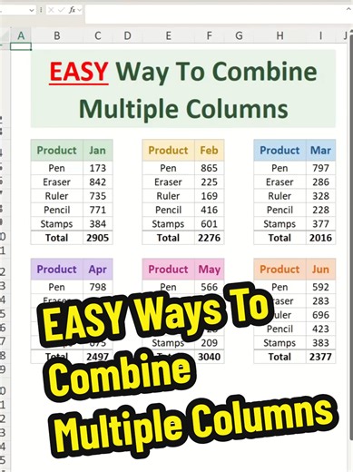 EASY Ways To Combine Multiple Columns - Excel Tips and Tricks Learn an easy way to combine multiple columns in Excel. Here is the formula featured in my video. =HSTACK(B4:C10,F4:F10,I4:I10,C12:C18,F12:F18,I12:I18) Lets break down this formula. The formula =HSTACK(B4:C10, F4:F10, I4:I10, C12:C18, F12:F18, I12:I18) combines multiple ranges horizontally into a single array. It starts by stacking the data from columns B and C (rows 4 to 10), followed by column F (rows 4 to 10), then column I (rows 4