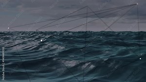 Ocean waves with geometric lines and points animation over cloudy sky background