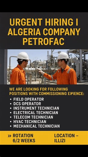 Urgent Hiring Algeria 2025 | Petrofac Oil & Gas Jobs – Field & Technician Roles 👉 Apply Details: https://shorturl.at/ANjBU Follow the Gulf Jobs channel on WhatsApp for latest updates> https://lnkd.in/g9ppihE Petrofac is expanding operations in Illizi, Algeria and urgently hiring skilled professionals with commissioning experience. 📌 Positions Available: - Field Operator - DCS Operator - Instrument Technician - Electrical Technician - Telecom Technician - HVAC Technician - Mechanical Technician