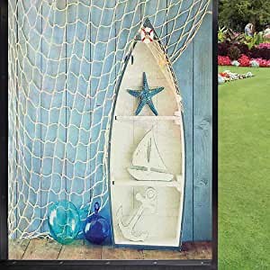 Nautical Window Film 3D,Sea Objects on Wooden Backdrop with Vintage Boat Starfish Shell Fishing Net Photo Room Decoration Privacy Window Film Static Cling,Blue Cream 24" x 36"