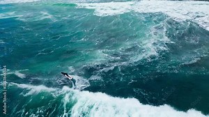 Surfer Riding on Surfboard in Beautiful Sea Waves Slow Motion. Cool Paradise Adventure Leisure Island. Fun Sunny Day of Surfboarder in Blue Big Ocean. Pro Healthy Style with Splashing Sea Spray 4k