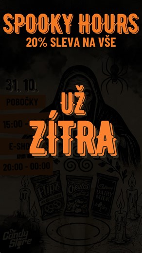 6 comments |  Spooky Hours jsou tady! Už 31. 10. si užij 20 % slevu na vše!  ️ Na pobočkách: 15:00 – 19:00  Na e-shopu: 20:00 – 00:00 Tak si to nenech utéct… #SpookyHours #TheCandyStore #HalloweenSale #Sleva #CandyLovers #SweetDeals #TrickOrTreat | The Candy Store | Facebook