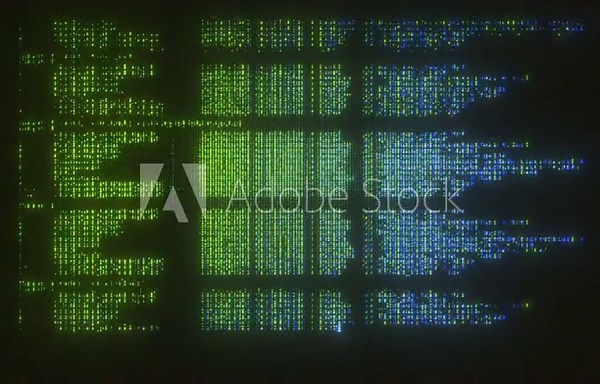 4K Green and blue digital code glitch with CRT compression artifacts and pixel breakdown for cyberpunk motion graphics, matrix-style UI overlays, dystopian tech loops