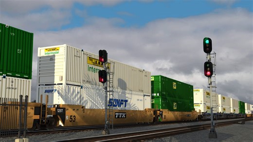 TSC模拟火车2024 美国火车视频合集76 加拿大太平洋铁路复古涂装SD70ACU 牵引双层集装箱经过富勒顿站