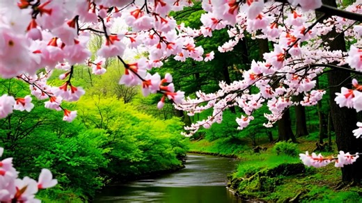 Ai Generated, Spring Forest, Tranquil River. Free Stock Video