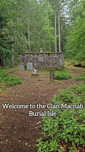 This is the Clan Macnab Burial ground on Innis Buidhe, a small island in the middle of the River Dochart at Killin. They're one of the oldest clans in Scotland, the name meaning Son of the Abbot and said to refer to one of the children of the first King of Scots from the mid 800s! That's the tradition passed down through oral stories, but the first chief we can easily date is Gilbert Macnab who was confirmed in a charter by David II in 1336. Their power spread around the mountains around Killin 