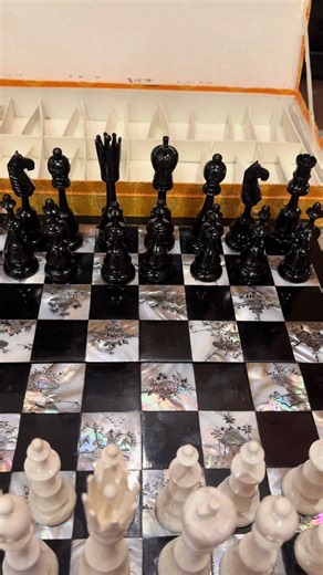 Another stunning black lacquer and mother of pearl folding chess board from 1960s People’s Republic of China. Check out the elegant pieces too - the King and the Queen are both over 4 inches tall #chesstok #chessset #vintagechessset #chesslover #mybirthdaywishlist