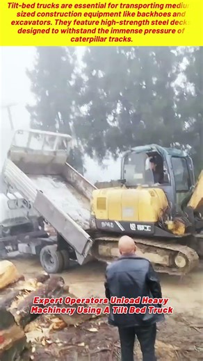 Expert Operators Unload Heavy Machinery Using A Tilt Bed Truck