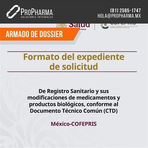 Hace unos días, la COFEPRIS presentó la versión 2.0 del Documento Técnico Común (CTD) y la Guía para estructurar el expediente (Dossier) conforme al CTD, las cuales establecen cómo debe organizarse la información para presentar una solicitud de Registro Sanitario o de Modificación a las Condiciones de Registro Sanitario de medicamentos ante COFEPRIS. 👉 Descárgalas haciendo clic aquí: https://www.gob.mx/cofepris/documentos/documento-tecnico-comun-ctd ¿Necesitas armar un Dossier o validar la docu