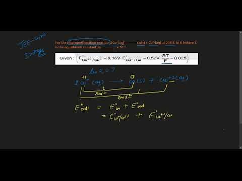 For the disproportionation reaction 2Cu+(aq) ---------- Cu(s) + Cu2+(aq) at 298 K, In K (where K is