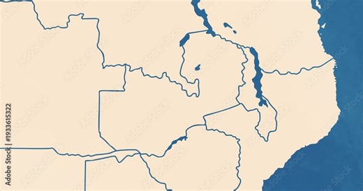 Beautiful zoom in of a zambia map with most important cities and frontier lines