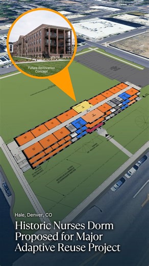 Plans have been filed to redevelop the historic Nurses Dorm at 4200 E. 9th Avenue inside 9th & Colorado. Originally built in 1927 as housing for nursing students, the long vacant building is now proposed to be adaptively reused into a wellness focused coworking and medical office hub. The concept includes fitness and recovery programming in the basement, coworking and food and beverage on the ground floor, and private and medical office suites on the upper levels. Because the structure is listed