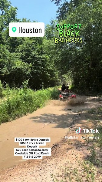 Things to do in Houston!!! Rent with the Best! No Rental Deposit on hourly rentals rates!! Call us at 7135152099 $100 1 hr ( 7 days a week) each atv NO RENTAL DEPOSIT! $150 2 hrs each atv NO RENTAL DEPOSIT! 2 Creekside Off Road Ranch entrance fee is $20 each person at the gate! 7135152099 or IG @allstar_atv_rentals #thingstodoinhouston #houstontexas #atv #mudding #nodeposit #houstonatvrentals #blackownedbusiness #houstondatenight #pleasecall7135152099 #Ig #houstonvacations #tex #foryou#redlineke