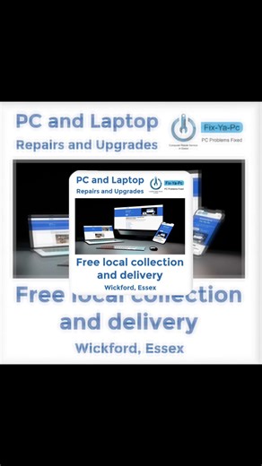PC problems fixed. Fast, friendly and local. Fix-Ya-Pc, based in Wickford offers expert computer repairs with free local collection and delivery at a time that suits you. Additionally we offer home visits where required. Whether it’s a slow laptop, a broken desktop, or software issues, we will get it sorted quickly and professionally. 🚗 Flexible pickup/drop-off times 👩🏼‍💻 Convenient for the customer ✅ Trusted local service 📩 Message Fix-Ya-Pc today and let’s get your laptop, PC or MacBook b