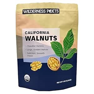 Wilderness Poets California Walnuts - Organic, Raw, Chandler Heirloom Variety - Golden, Blonde Halves, Bulk Size (64 Ounce - 4 Pound)