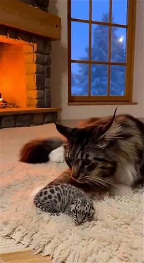 My Forest Cat Raised a cub Like Her Own❄️🐱🐆#snowleopard #cat #animalrescue#heartwarming