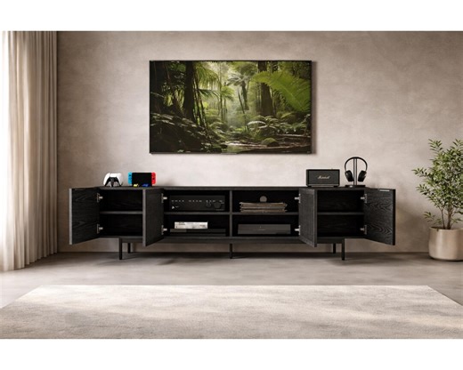 Mid Century Modern Wood TV Stand – Sintered Stone Media Console Cabinet, Slatted Doors - Etsy