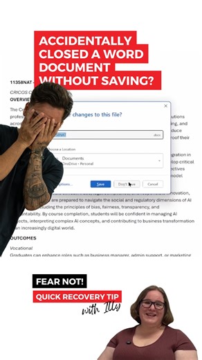 Mindroom Institute | RTO 45137 on Instagram: "Accidentally closed a Word document without saving? 😬 Don’t panic, Illy, our Business Analysis tutor at Mindroom, shares a simple IT tip to help you recover unsaved documents in Microsoft Word. This quick trick can save hours of work and even works in PowerPoint and Excel too. Pro tip: once it’s recovered, save it straight away and turn on autosave to avoid future stress. #MindroomITTips #StudentLifeHacks #MicrosoftWordTips #BusinessAnalysis #StudyS