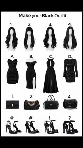 Outfit aura on Instagram: "🖤 Make your BLACK outfit 🖤 Hair 1–4, Dress A–D, Bag 1–4, Heels @ # ! ? 👇 Drop your combo in comments Mine: 3C2! 😍 . . . . #womenstyle #womenfashion #womenoutfits"