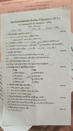 class 8 history 1st summative evaluation question paper 2026 💥 class 8 history first unit