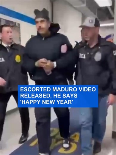 A video circulating on social media purports to show #Venezuelan leader Nicolás Maduro being escorted. In the footage, a man resembling #Maduro is seen wearing a black hooded sweatshirt and walking through a corridor lined with a blue carpet bearing the words