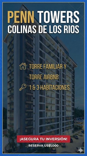 🏢 Invierte con visión en Santo Domingo Descubre Penn Towers, un proyecto de apartamentos de inversión en Colinas de Los Ríos, diseñado bajo el modelo condo-hotel, ideal para inversionistas que buscan rentabilidad sin preocupaciones. ✨ 📈 Pensado para inversión Cuenta con oficina administrativa que gestiona renta, limpieza y suministros para Airbnb. 🏋️‍♂️ Amenidades tipo hotel Lobby amueblado, áreas sociales en el último nivel, gimnasio equipado, salón multiusos y seguridad 24/7. 💰 Proyecto en