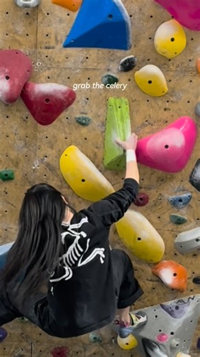vinnie on Instagram: "V7 @ GP-81 🥬 Hehe I got so tunnel visioned I didn’t see the celery hold but it might be one of my new favorite holds. This climb was super flowy, and I loved getting to incorporate heels, drop knees, and flexy leg beta all through the climb. First time at GP-81 and I loved the quality setting. Felt very outdoor style, technical, and really fair for my height! So many high level climbs with really awesome movement. Plus the music was a bop all day long 😌 super fun try hard