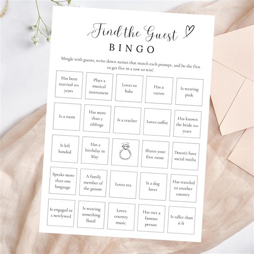 Find the Guest Bingo Bridal Shower Bingo Game Wedding Table Game Bridal Shower Games Find the Guest Bridal Shower Bingo - Etsy