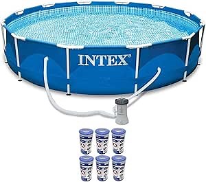 Intex Metal Frame Durable Round Above Ground Pool Set with Cartridge Filter Swimming Pool Pump, 6 Type A Filters, and Drain Plug
