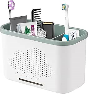 3 Slots Toothbrush Holder and Toothpaste Holder with Drain Hole, Detachable Easy Cleaning Multi-Functional Organizer Caddy Storage for Bathroom Vanity Sink Kitchen (White+Green 3 compartments)
