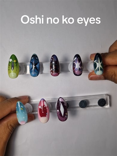 All the oshi no ko eyes nails I've done!! ☆ It was so much fun to create all of these, especially since I got to practice and try out a lot of techniques and colors