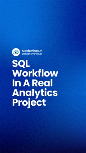 MetricMinds.in on Instagram: "Many beginners learn SQL But few know how SQL is actually used in a real analytics project → The real workflow looks like this Start → understand the business question → revenue dropped or users churned Then → explore raw tables → orders → customers → transactions Next → clean the data using SQL → handle nulls → fix duplicates → standardize formats Then → join tables → build one analysis-ready dataset After that → write logic → aggregations → filters → time-based co