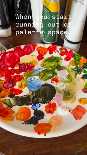 Hectic week but back to my chaotic painting methods this weekend! I find using plates and anything glass or ceramic the best for acrylics, super easy to clean up but I am also lazy and don’t want to disrupt the creativity mid flow  More paintings incoming! #acrylic #art #paint #paint #chaos #canvas #palette | Rebecca.haynes.art | Facebook