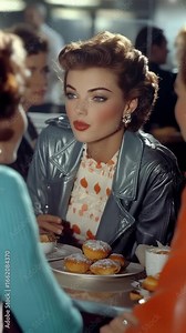 Nostalgic beauty: rockabilly youth, pinup icons, retro look, Hollywood glow, neon radiance, jukebox melodies, diner elegance, 50s grace, vintage love, stylish moments, timeless fashion, 60s romance.