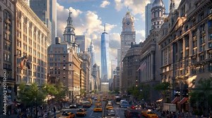 Manhattan Skyline at Sunset: A breathtaking view of New York City's iconic skyline at sunset, capturing the vibrant energy of the bustling city. The towering skyscrapers, bustling streets, and warm gl