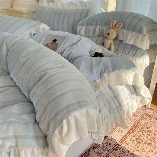 Blue White Striped Ruffle Bedding Set With Duvet Cover and Pillow Shams - Etsy